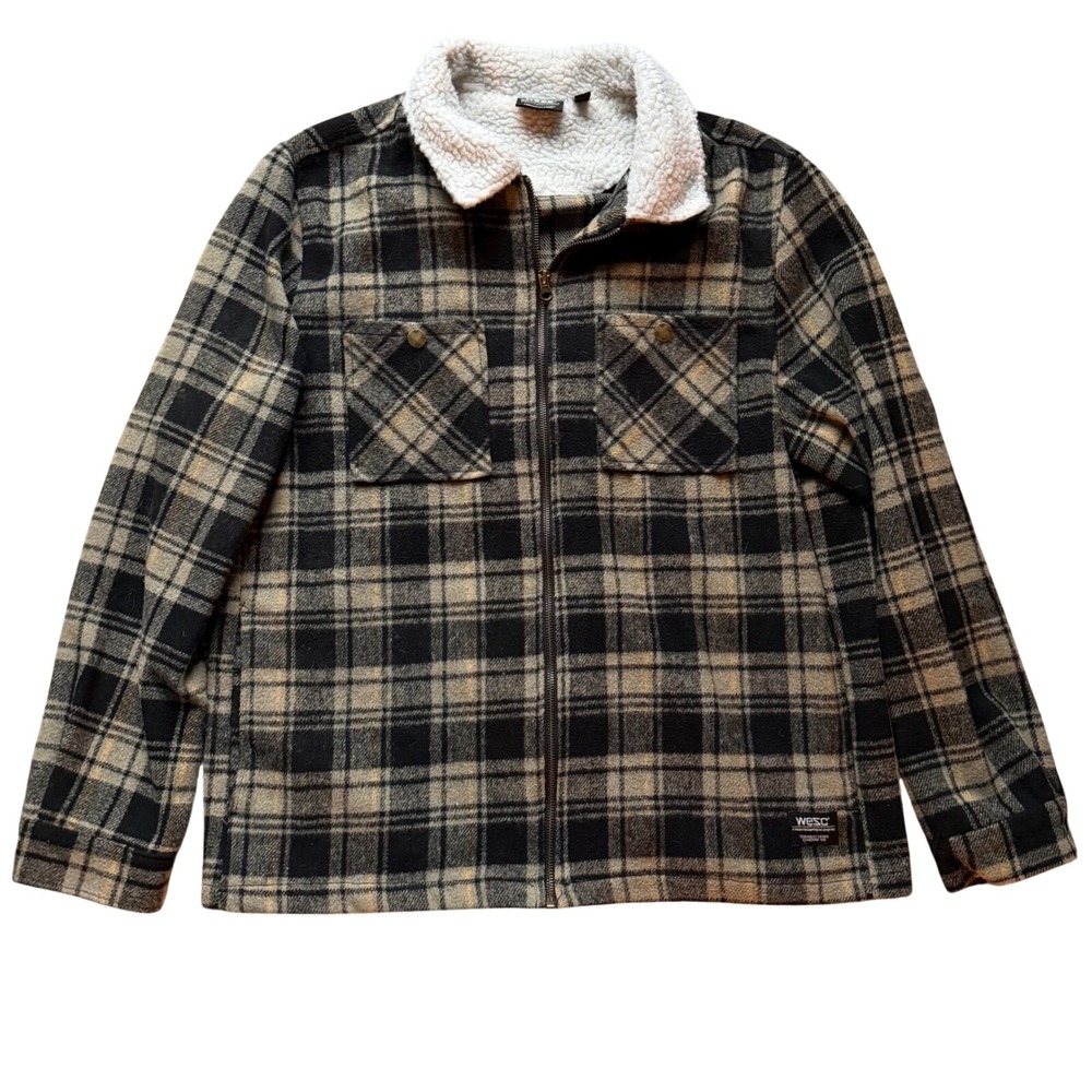 WeSC Liam OG Plaid Shirt Jacket Men XXL Black Tan Sherpa Collar Full Zip Buffalo
